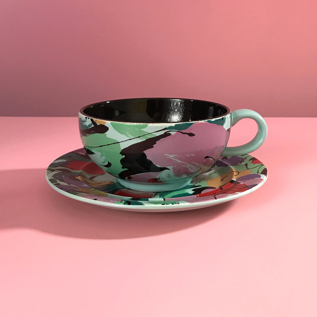 '90s Painted Floral Cup & Saucer by Salins France